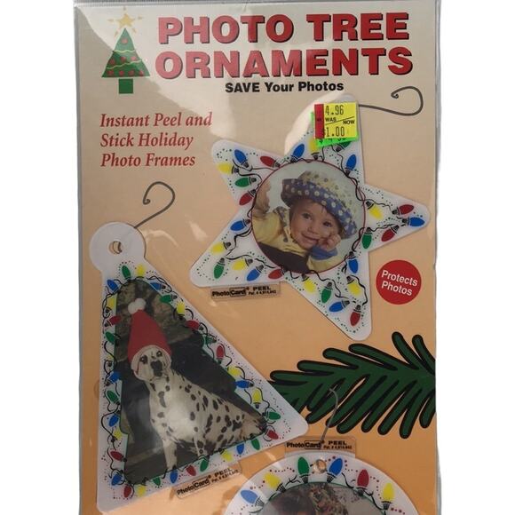 NOS Vintage PhotoCard Set 4 Photo Tree Ornaments White String Lights Print Star - Picture 2 of 7